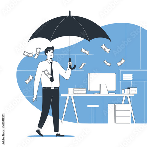 businessman raining of money design flat on office background