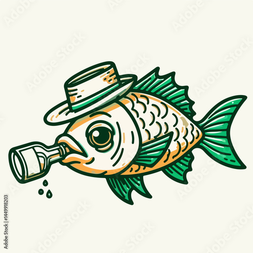 Fish with a Hat: A whimsical illustration of a fish, complete with a stylish hat, enjoying a drink from a bottle. The image portrays a playful fusion of marine life and human-like leisure.