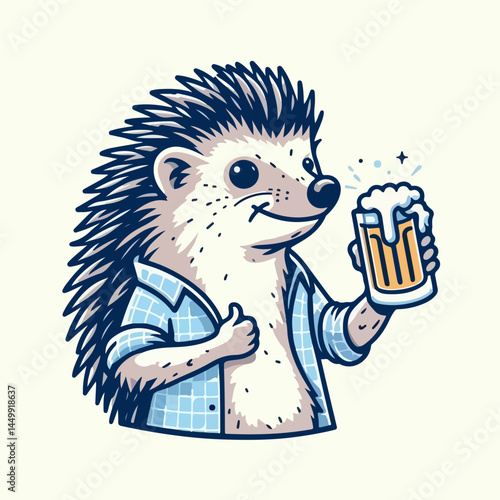 Hedgehog Toasting Beer: This whimsical illustration showcases a friendly hedgehog, beaming with a happy demeanor while giving a "thumbs up," as he offers a cold beer.