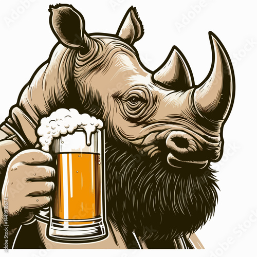 Rhino with Beer: A whimsical illustration of a robust rhino holding a frothy pint of beer, showcasing a unique blend of animal and beverage.