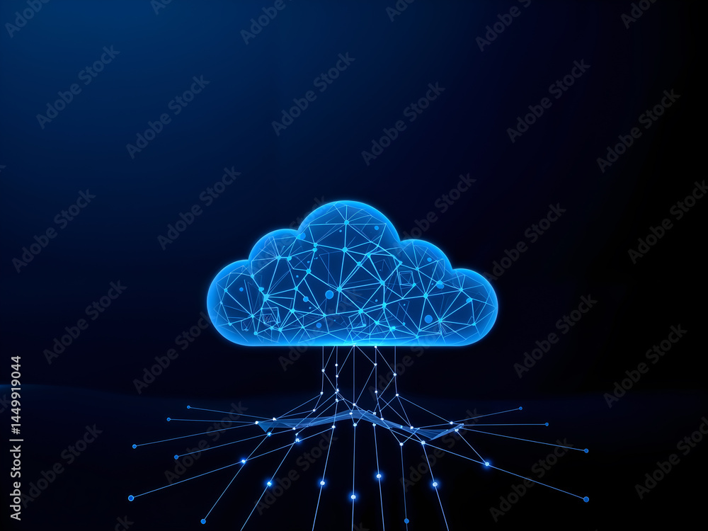 Abstract cloud computing network in dark background with glowing nodes. Generative AI