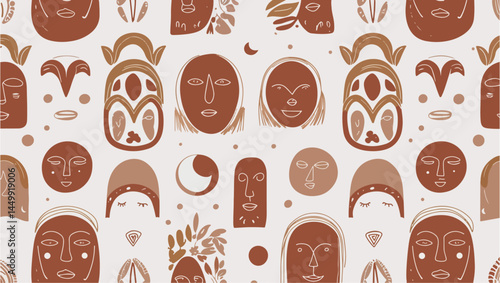 Boho Minimalist Seamless Pattern – Hand-Drawn Arches, Moons & Abstract Faces in Neutral Terracotta Palette (Vector )