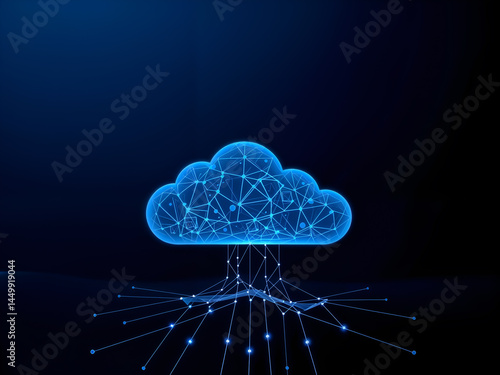 Obraz na płótnie Abstract cloud computing network in dark background with glowing nodes. Generative AI w salonie