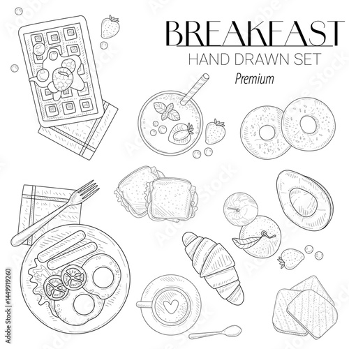 and-drawn vector set of breakfast elements including croissants, coffee, sandwiches, fruits, Belgian waffles, bagels, avocado, and milkshakes. Vintage sketch style perfect for menu design