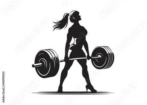 Weightlifting, woman lifting big barbell, bodybuilding Silhouette Vector