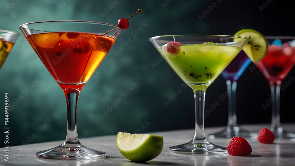 Vibrant Martini Glass Cocktails Set – Cosmopolitan, Martini, Appletini, Grasshopper with Garnishes – Isolated, Colorful Summer Drink Bundle Vibrant Martini Glass Cocktails Set – Cosmopolitan, Martini, Appletini, Grasshopper with Garnishes – Isolated, Colorful Summer Drink Bundle