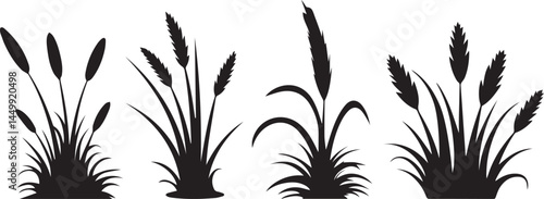 Wild Grass and Cattail Vector Silhouettes – Decorative Botanical Elements for Wetland, Garden, and Nature Scenes