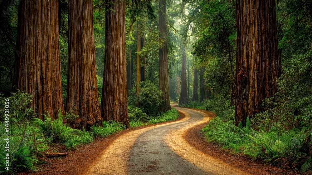 Naklejka premium A winding forest path disappearing into dense, ethereal fog surrounded by tall trees