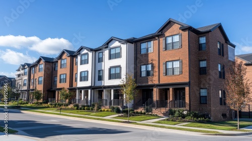 Close-up of clean brickwork on contemporary townhouse facades in new neighborhood