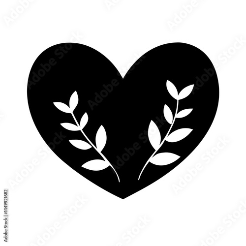 heart with herbal leaf silhouette on transparent background for web and graphic design