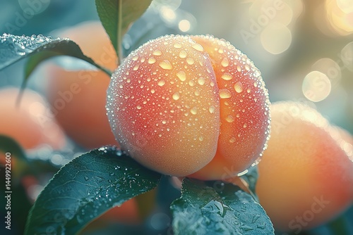  Dew-covered peach hanging on leafy branch glows in morning light, soft tones and freshness highlight natural orchard beauty.