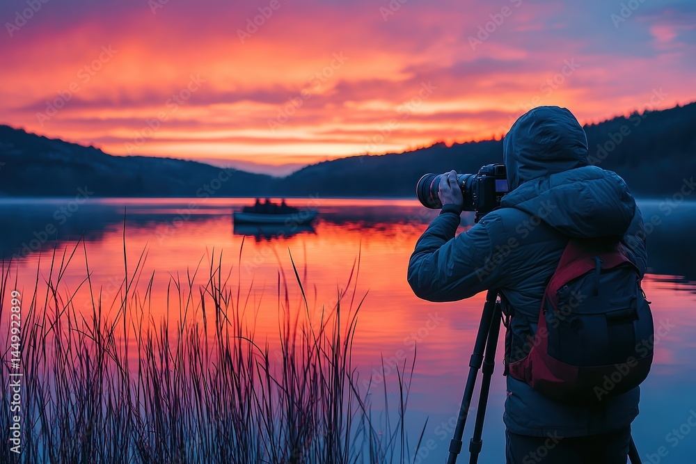 Obraz premium Photographer captures vivid sunset over tranquil lake, colorful sky reflects across water, tripod stabilizes gear in serene nature scene.