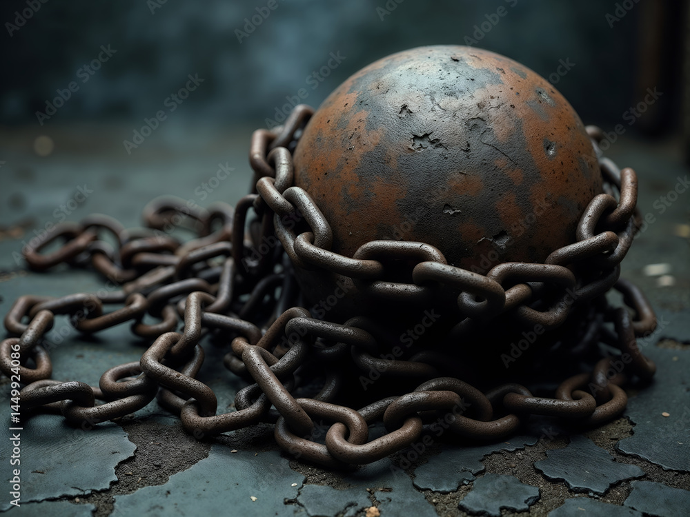 Rusty prison ball and chain on ground with dark dramatic background. Generative AI