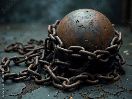Obraz na płótnie Rusty prison ball and chain on ground with dark dramatic background. Generative AI w salonie