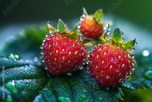  Fresh ripe strawberries covered in water droplets resting on green leaf closeup vibrant natural fruit garden healthy organic summer harvest