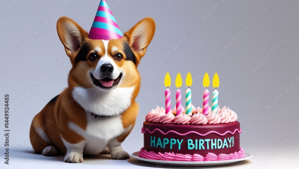 Adorable corgi wearing a party hat next to a birthday cake with candles and text