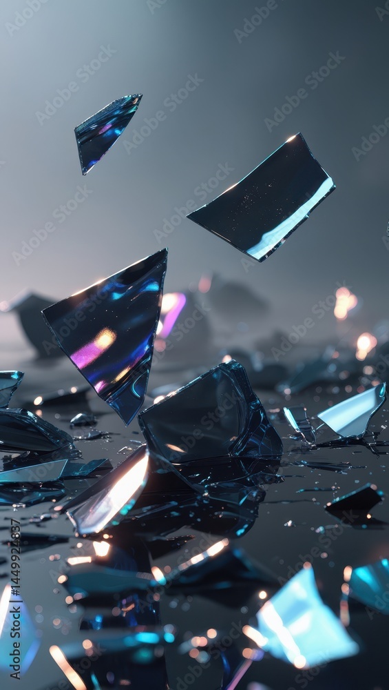 Close-up of shattered glass pieces with reflective blue and purple light on a dark surface