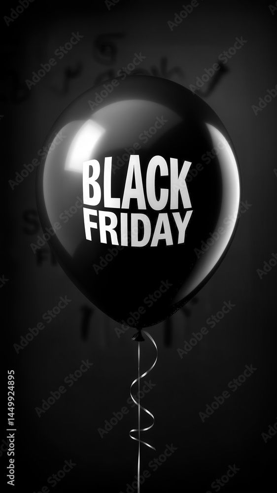 Black Friday promotional black balloon with text BLACK FRIDAY on a dark background, symbolizing sales and discounts