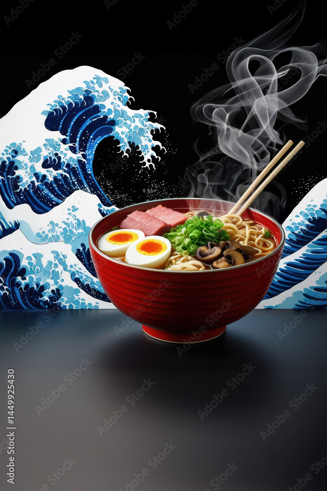 Steaming bowl of ramen with eggs, mushrooms, and green onions in a red bowl, with chopsticks and wave-inspired background design
