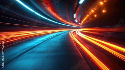 Dynamic motion within a colorful tunnel showcasing vibrant streaks of light and fluid movement in a futuristic setting.