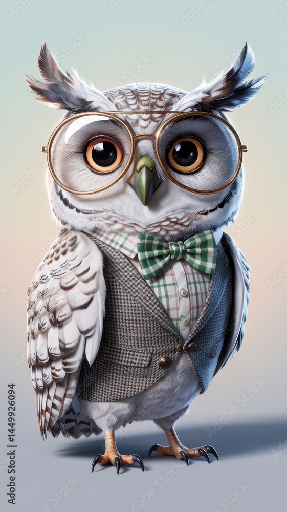 Cute owl wearing glasses and a plaid bow tie with a tweed vest against a soft gradient background