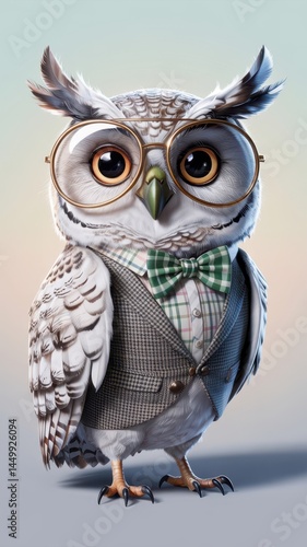 Obraz na płótnie Cute owl wearing glasses and a plaid bow tie with a tweed vest against a soft gradient background w salonie
