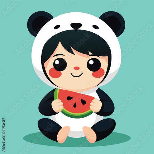 Explore our charming flat illustration of a boy dressed in a panda costume, enjoying a slice of watermelon. This delightful and whimsical character design is perfect for children's books, themed merch