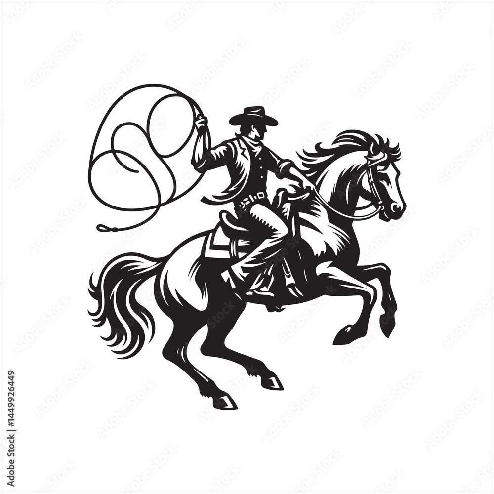 Fototapeta premium Cowboy Riding Rearing Horse Inside Lasso Frame – Black and White Vector Silhouette