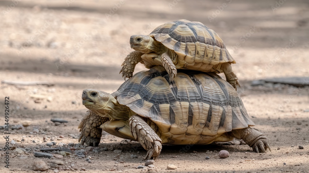 Two tortoises stacked on top of each other on a sandy ground in a natural outdoor setting