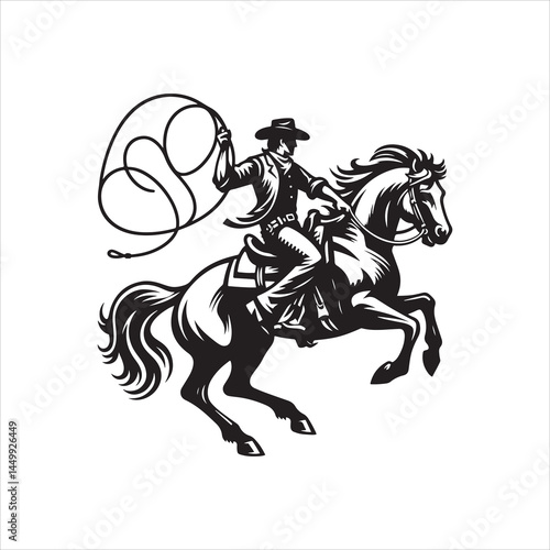 Cowboy Riding Rearing Horse Inside Lasso Frame – Black and White Vector Silhouette