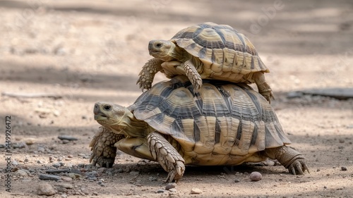 Obraz na płótnie Two tortoises stacked on top of each other on a sandy ground in a natural outdoor setting w salonie