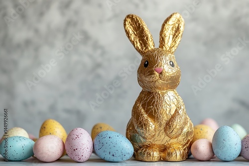  Chocolate bunny wrapped in golden foil surrounded by pastel Easter eggs on table with gray marble background ready for holiday treat