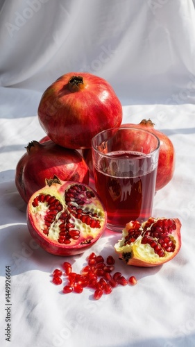 Fresh pomegranates with a glass of pomegranate juice and scattered seeds on a white fabric background