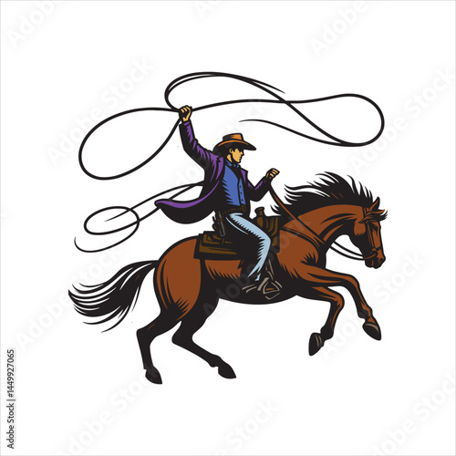 Cowboy Riding Rearing Horse Inside Lasso Frame – Black and White Vector Silhouette
