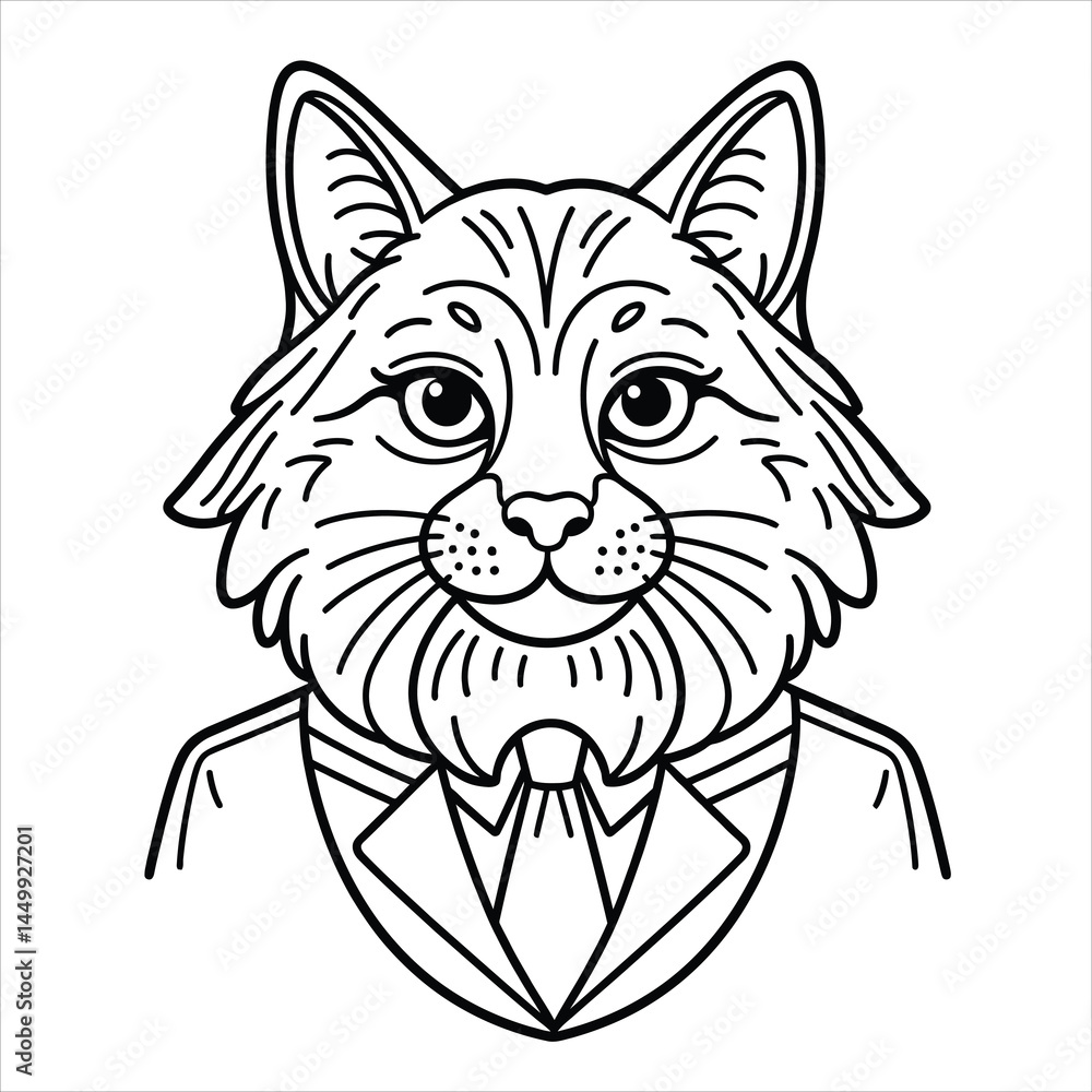 Obraz premium Sophisticated feline in a formal suit portrait. Vector illustration for coloring book