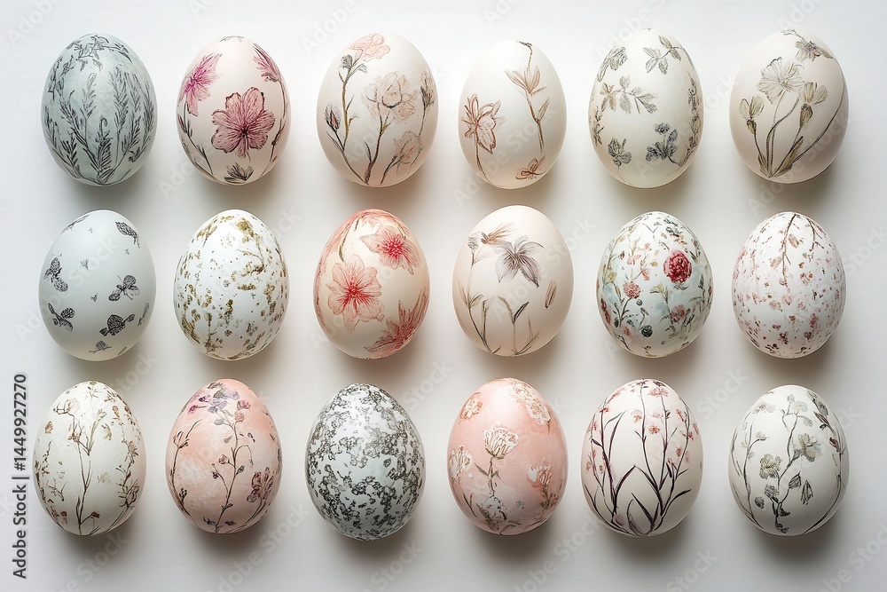Decorated easter eggs with floral designs arranged neatly, soft pastel colors, delicate patterns, white background, symbols of spring celebration.
Decorated easter eggs with floral designs arranged neatly, soft pastel colors, delicate patterns, white background, symbols of spring celebration.