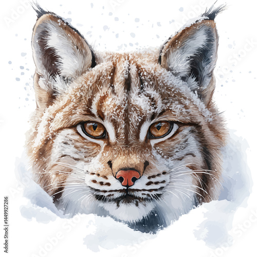 Lynx Stepping Through Snow, watercolor vector, isolated on a white background.