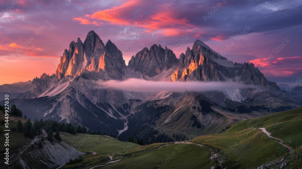 Majestic mountain peaks at sunrise with vibrant pink and orange clouds in the sky and a misty valley below