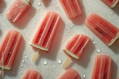 Watermelon popsicles arranged on wet white surface, fresh summer treat with droplets, vibrant red color evoking refreshing, cool sweetness

