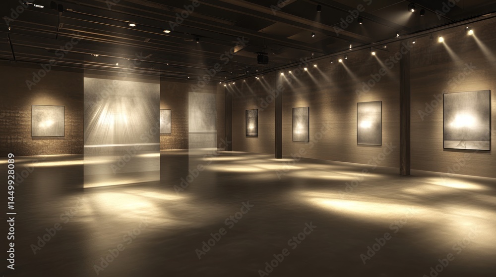 Spacious gallery interior illuminated by spotlights. Spacious gallery interior illuminated by spotlights.