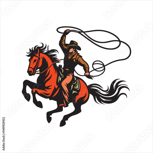 Cowboy Riding Rearing Horse Inside Lasso Frame – Black and White Vector Silhouette
