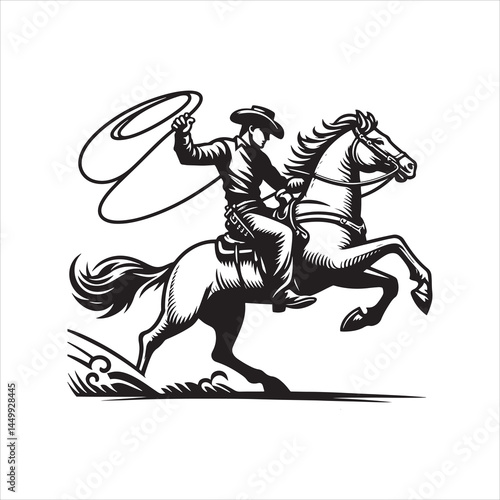 Cowboy Riding Rearing Horse Inside Lasso Frame – Black and White Vector Silhouette