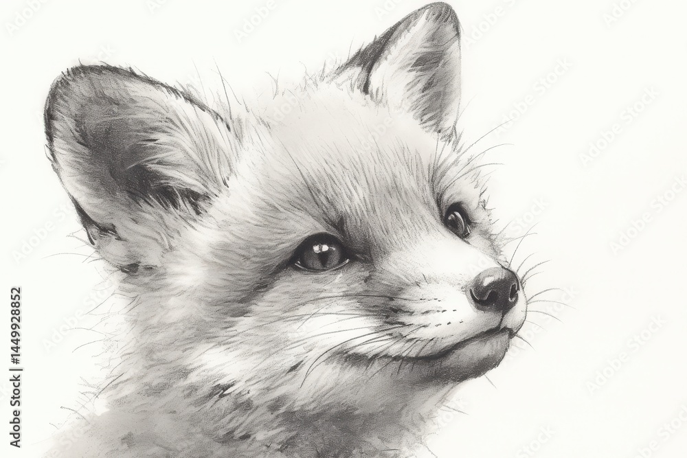 Fototapeta premium A cute fox kit looks up with its big eyes, fluffy fur and pointy ears