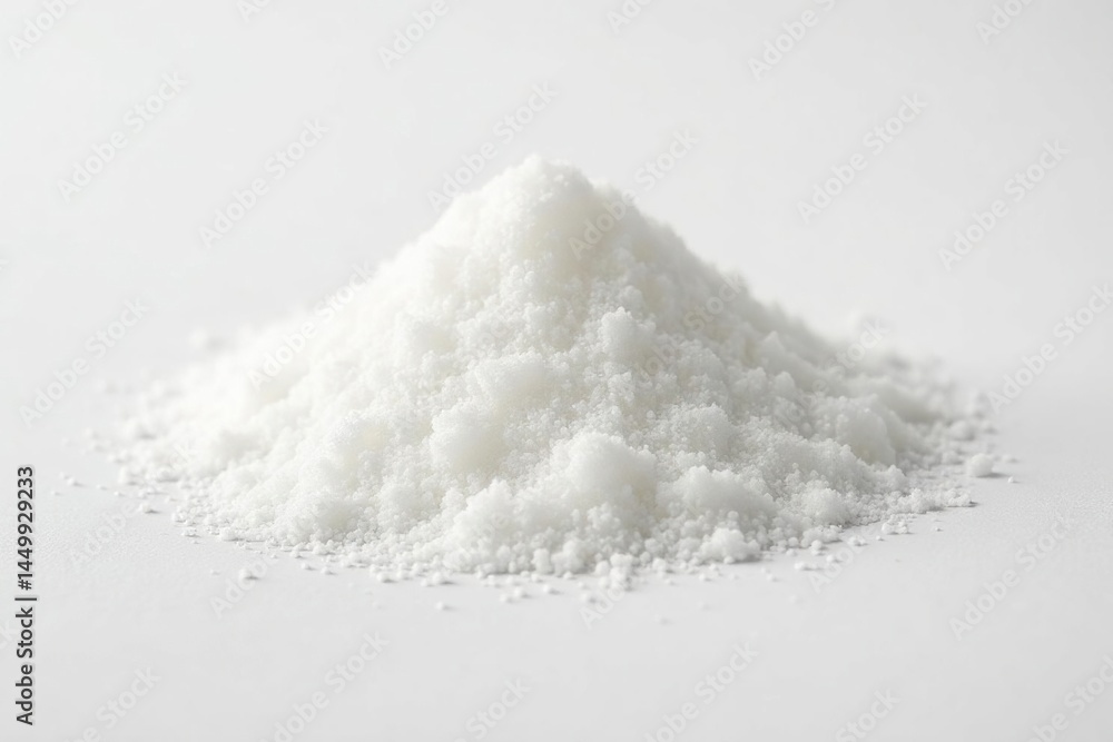 Pile of white granulated sugar on white background, ingredient, crystalline, macro Pile of white granulated sugar on white background, ingredient, crystalline, macro