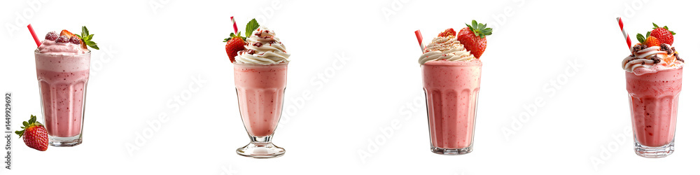 Set, Collection of a glass of strawberry milkshake isolated on transparent background. Set, Collection of a glass of strawberry milkshake isolated on transparent background.