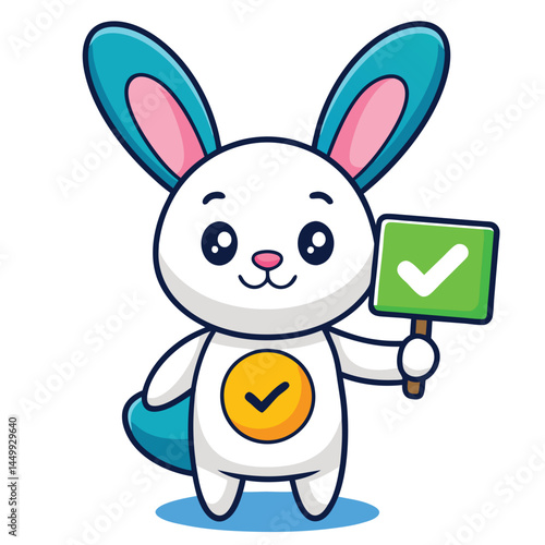 Explore the adorable rabbit holding a correct sign or checklist sign cartoon mascot character illustration, perfect for children's books, educational materials, animations, and more. This charming vec