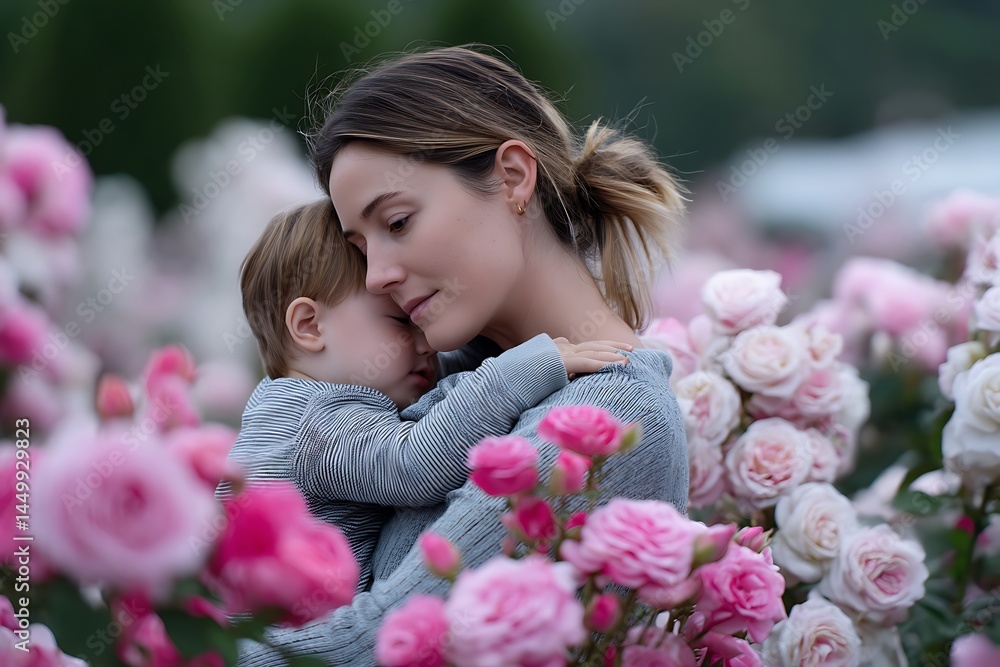 A mother tenderly holds her child in a peaceful garden of multicolored roses, their embrace conveying pure love and connection. The petals add a sense of calm, enriching the emotional A mother tenderly holds her child in a peaceful garden of multicolored roses, their embrace conveying pure love and connection. The petals add a sense of calm, enriching the emotional