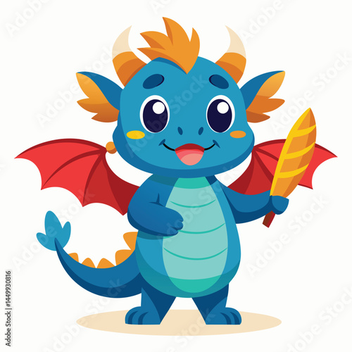Discover our adorable dragon mascot character, cheerfully holding a sausage. This cute and playful design adds a touch of whimsy and delight to any project. Perfect for children's merchandise, food-re