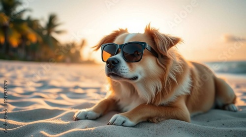 A stylish dog wearing sunglasses sitting on the sand at a sunny beach, looking relaxed and playful, tropical background with ocean waves and clear blue sky, stock photo style, natural lighting