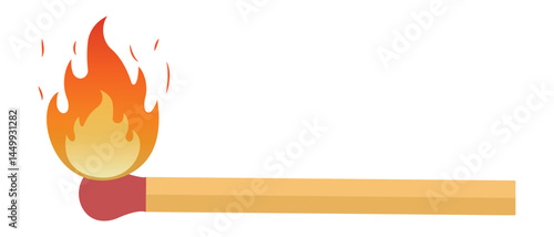 Fire on a match. Burning Fire. Burning match with fire, Fire on a match stick. Ignition of a match stick, vector illustration.